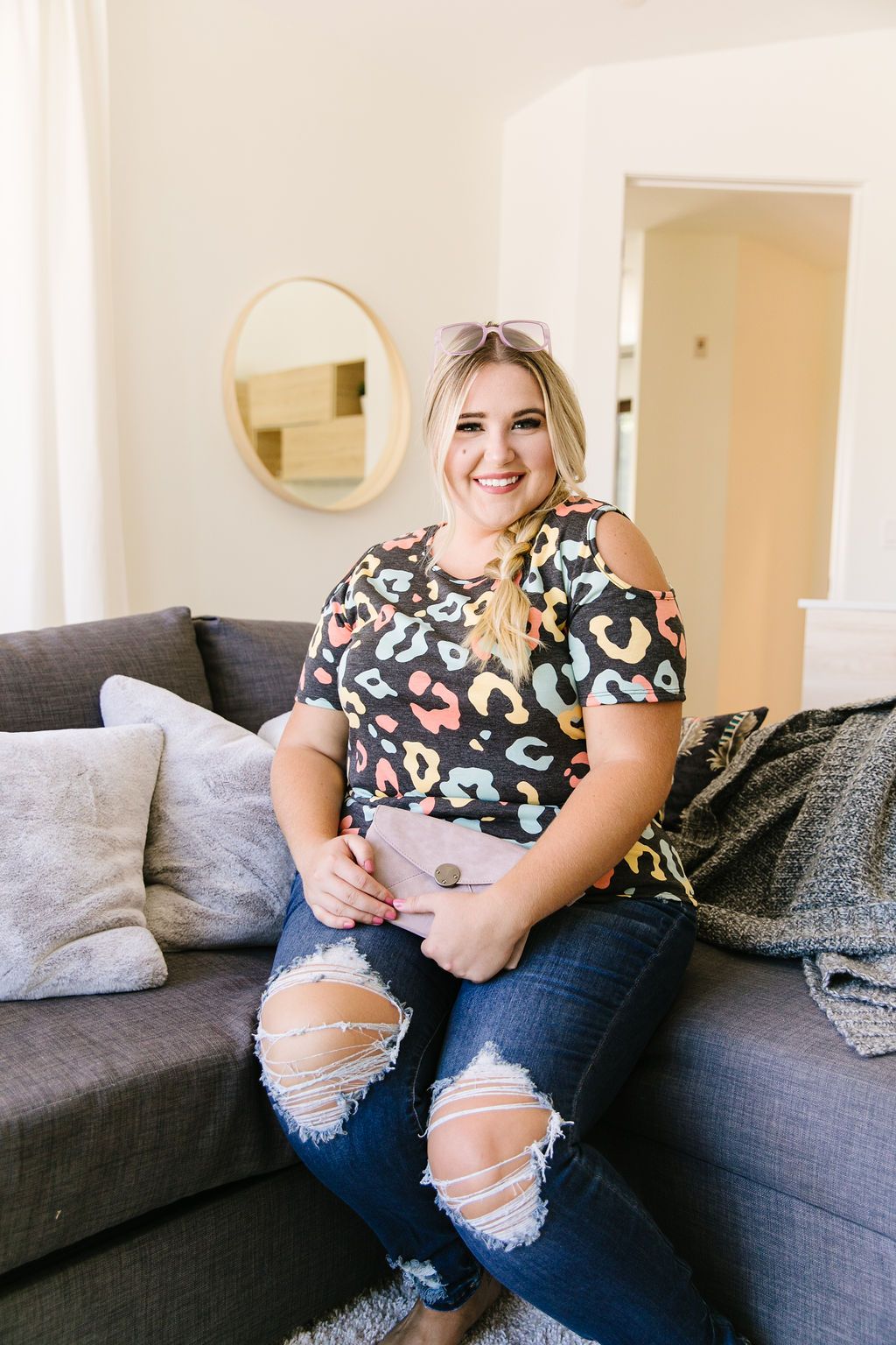 Leopard Kisses Cold Shoulder Top In Charcoal