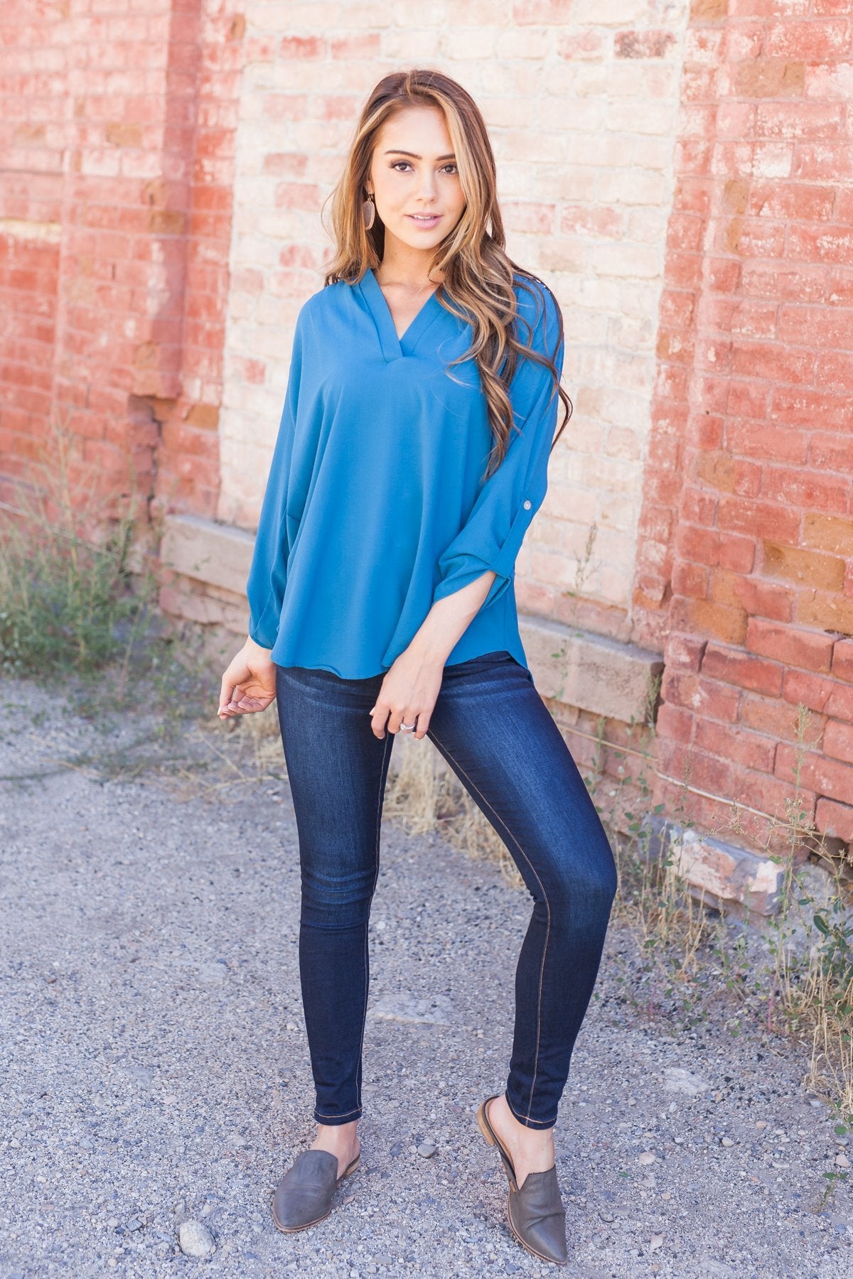 Madeline Mandarin Collared Top In Teal Blue