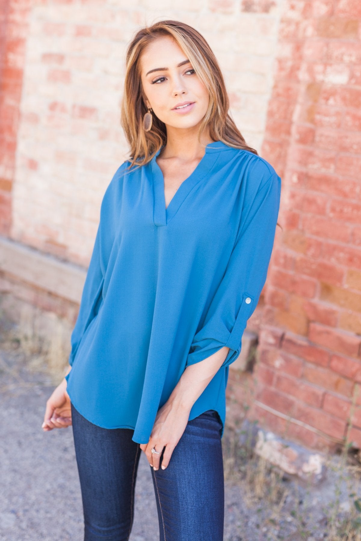 Madeline Mandarin Collared Top In Teal Blue
