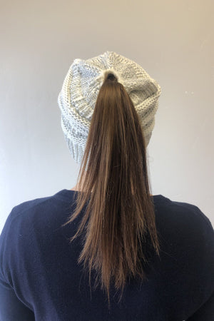 Messy Bun Metallic Beanie In Ivory Metallic Silver - ALL SALES FINAL