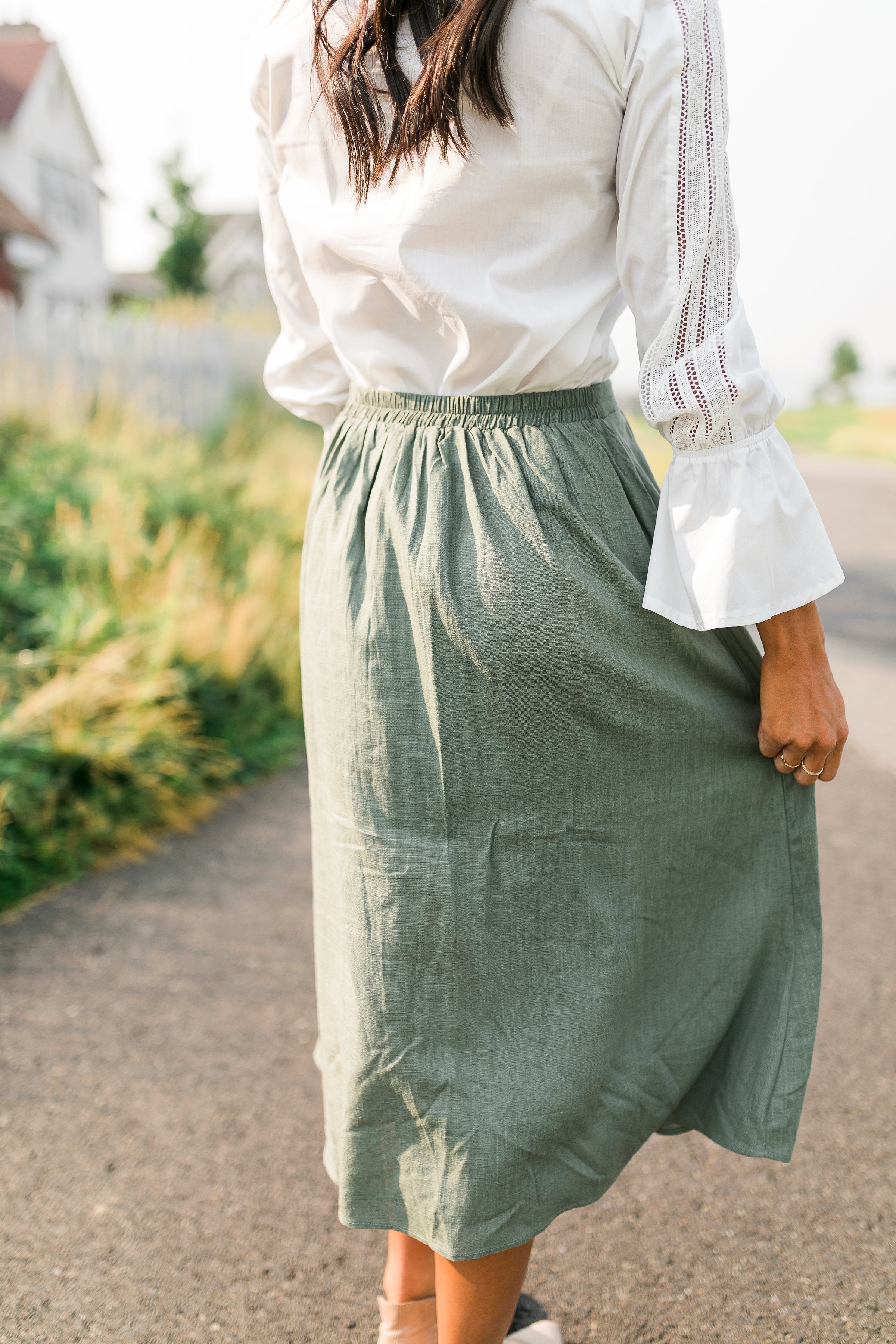 Olive Button Down Midi Skirt