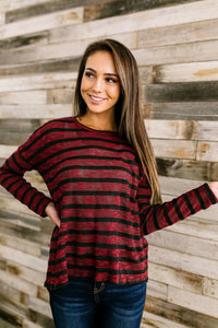 On The Level Striped Top In Burgundy + Black - ALL SALES FINAL