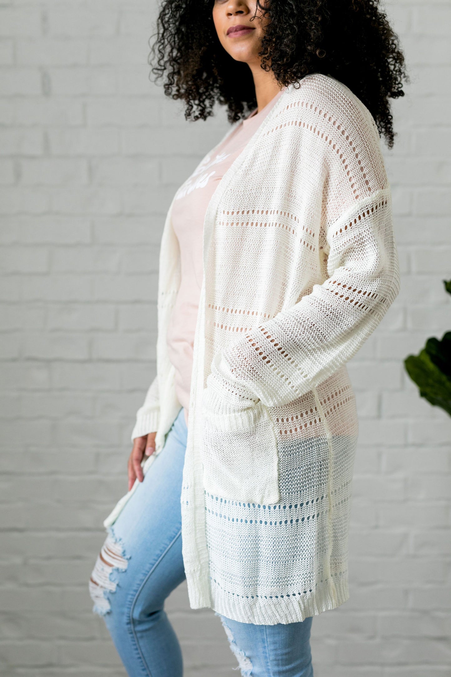 Open Knit Cardi In Pearl