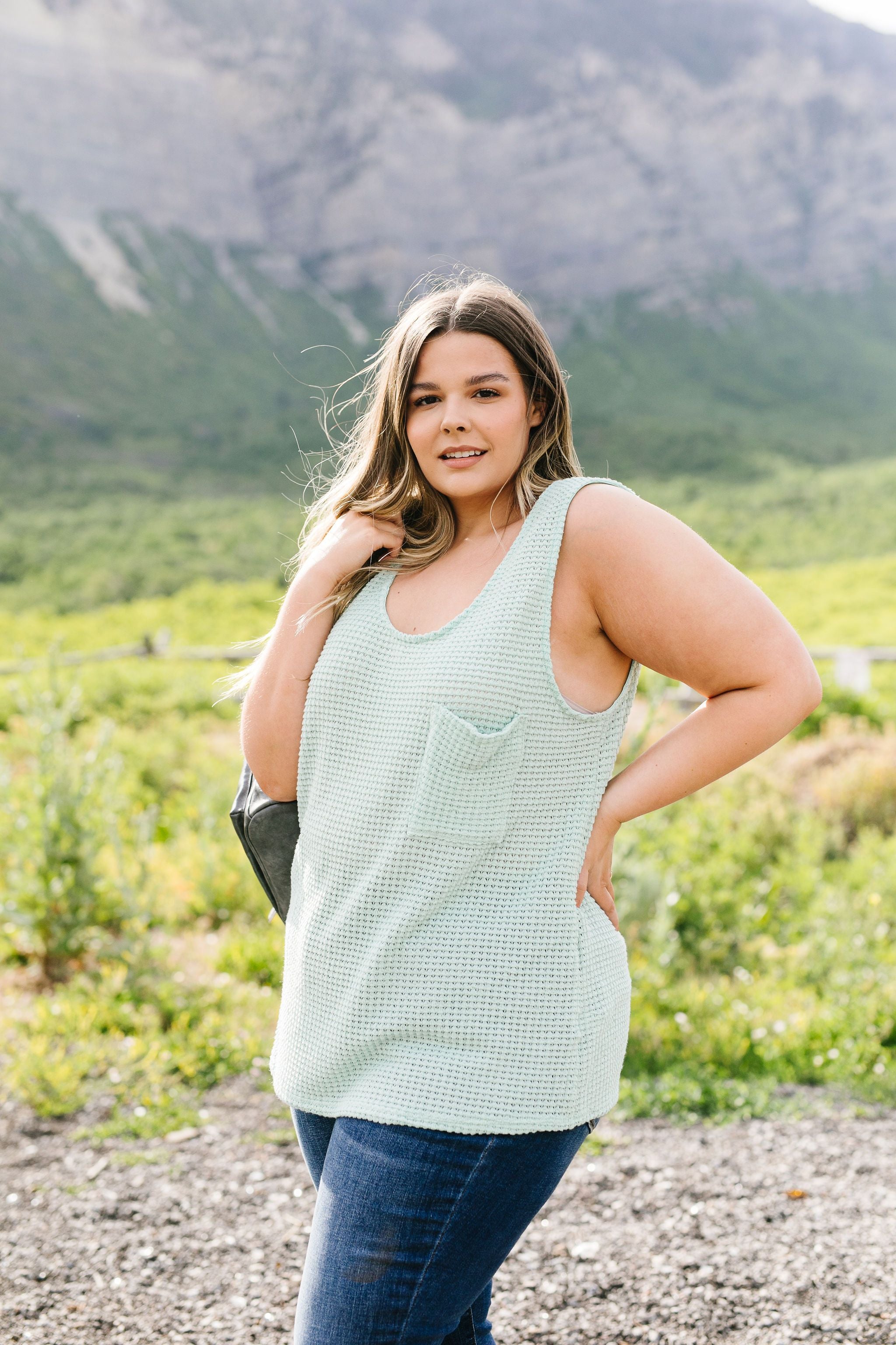 Open Weave Waffle Knit Tank In Mint