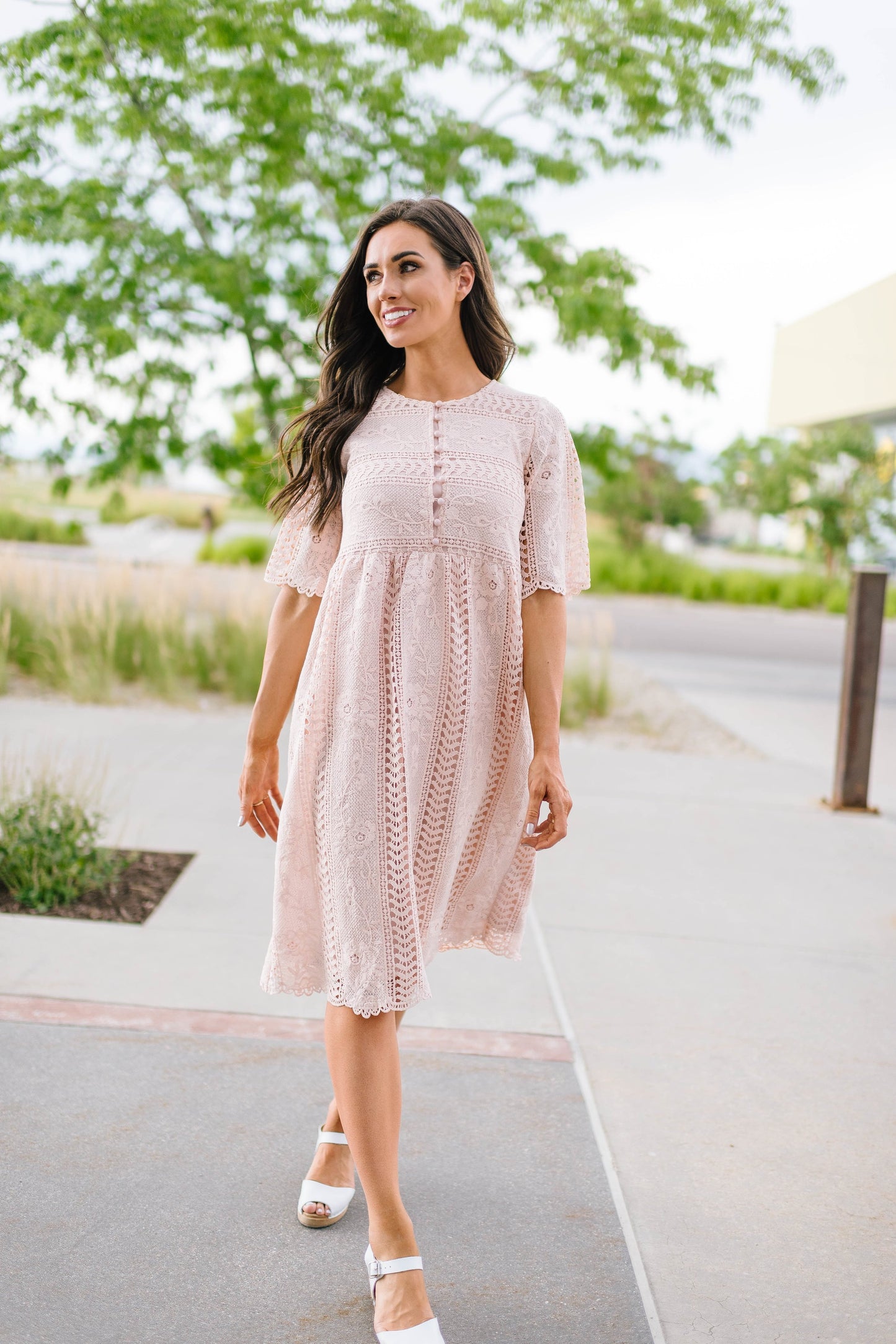 Pink Buttons + Lace Dress