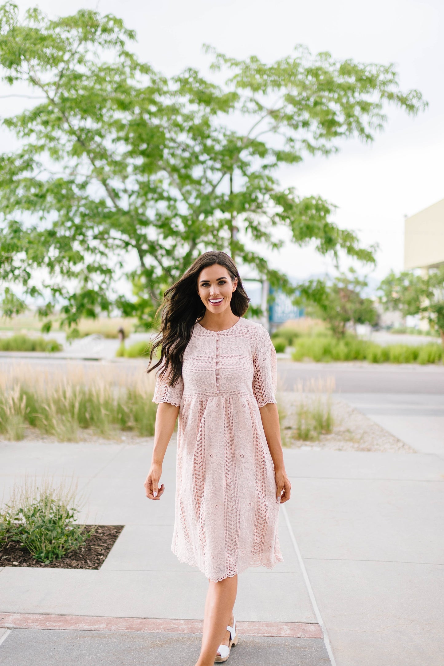 Pink Buttons + Lace Dress