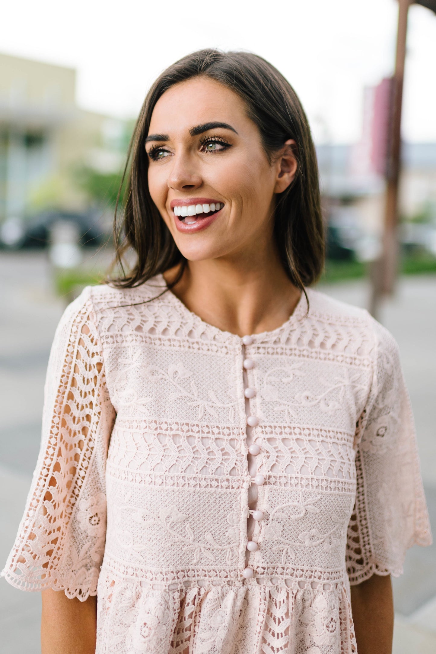 Pink Buttons + Lace Dress