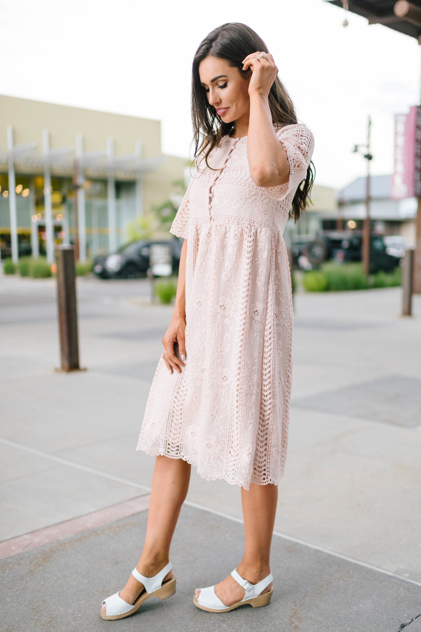 Pink Buttons + Lace Dress