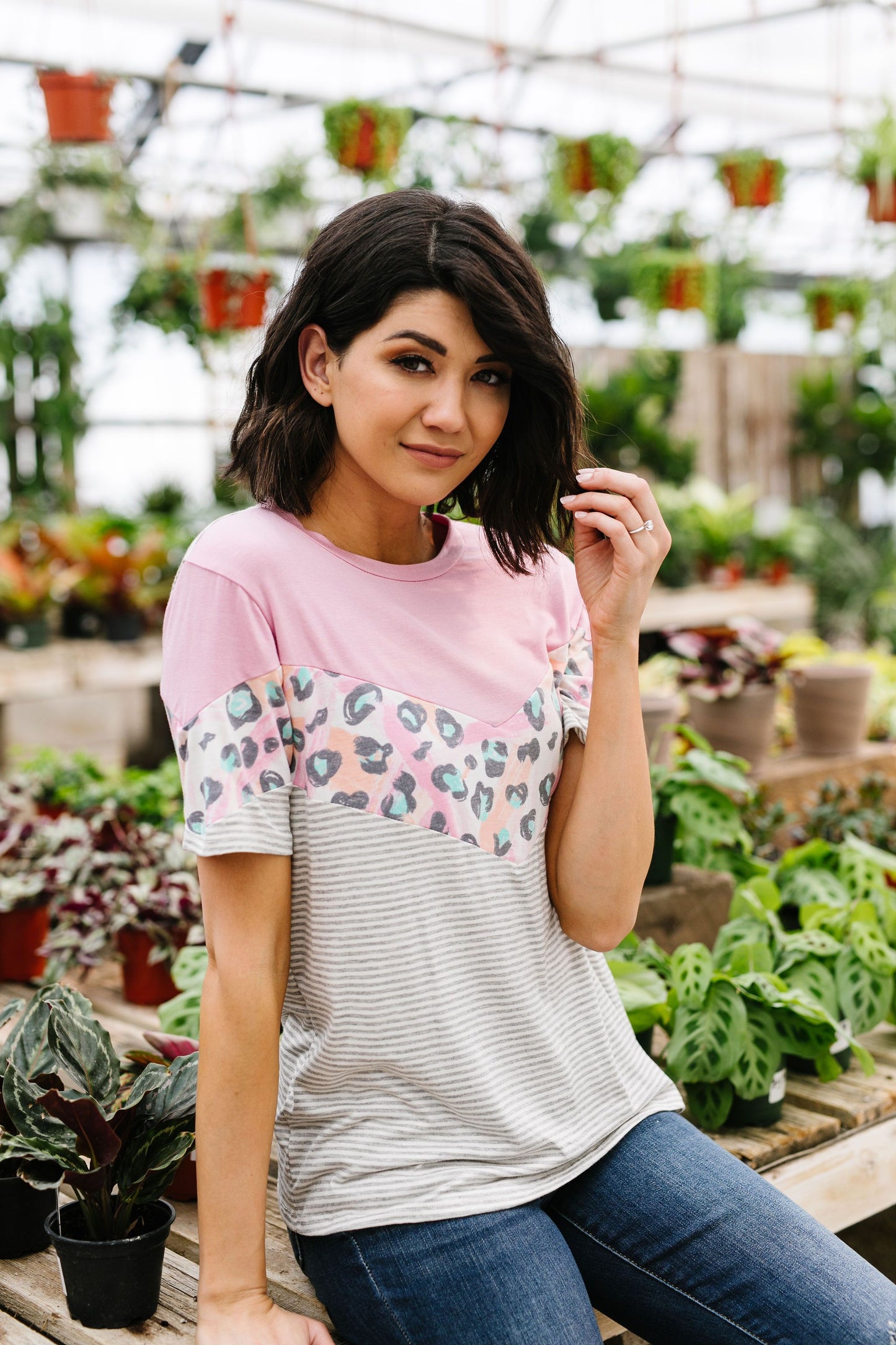 Pink Chevron Color Block Top