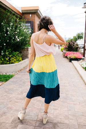 Pleated Color Block Midi Dress