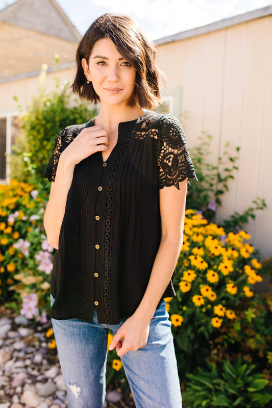 Pleats + Lace Blouse In Black
