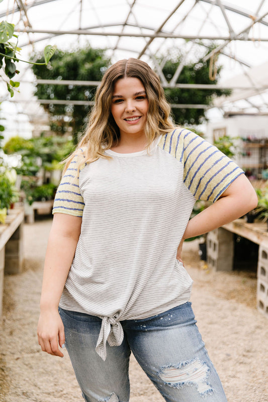 Raglan Stripes Tie Front Tee In Pale Yellow