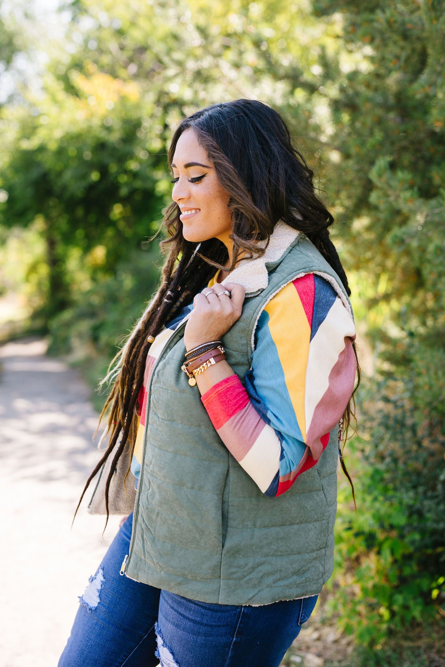 Reversible Shearling Puffer Vest In Army Green