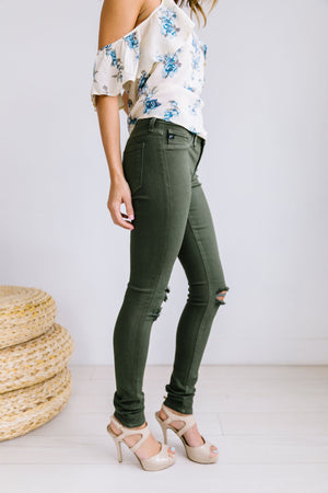 Ripped Knee Olive Skinny Jeans