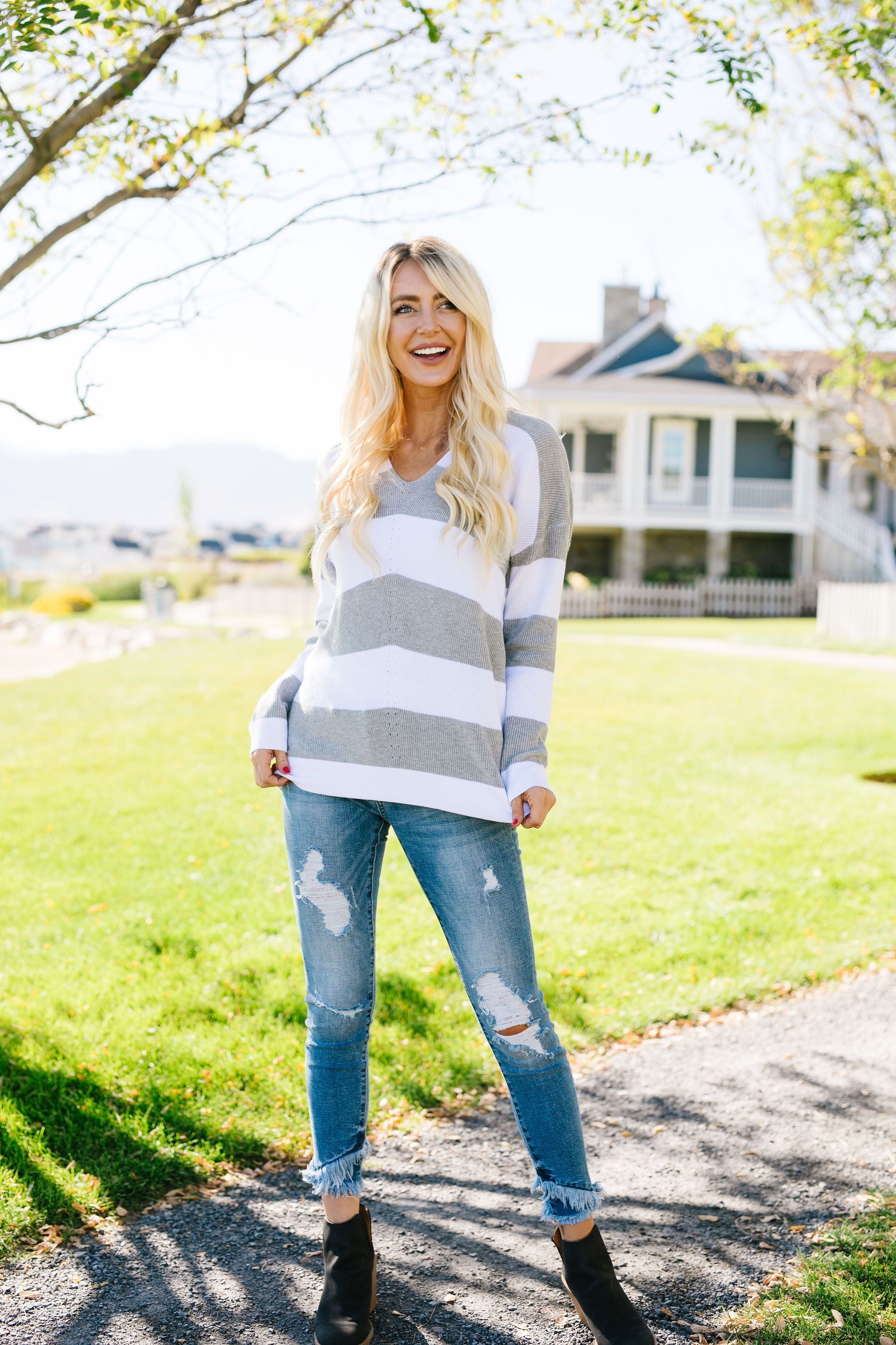 Room With A View Striped V-Neck Sweater