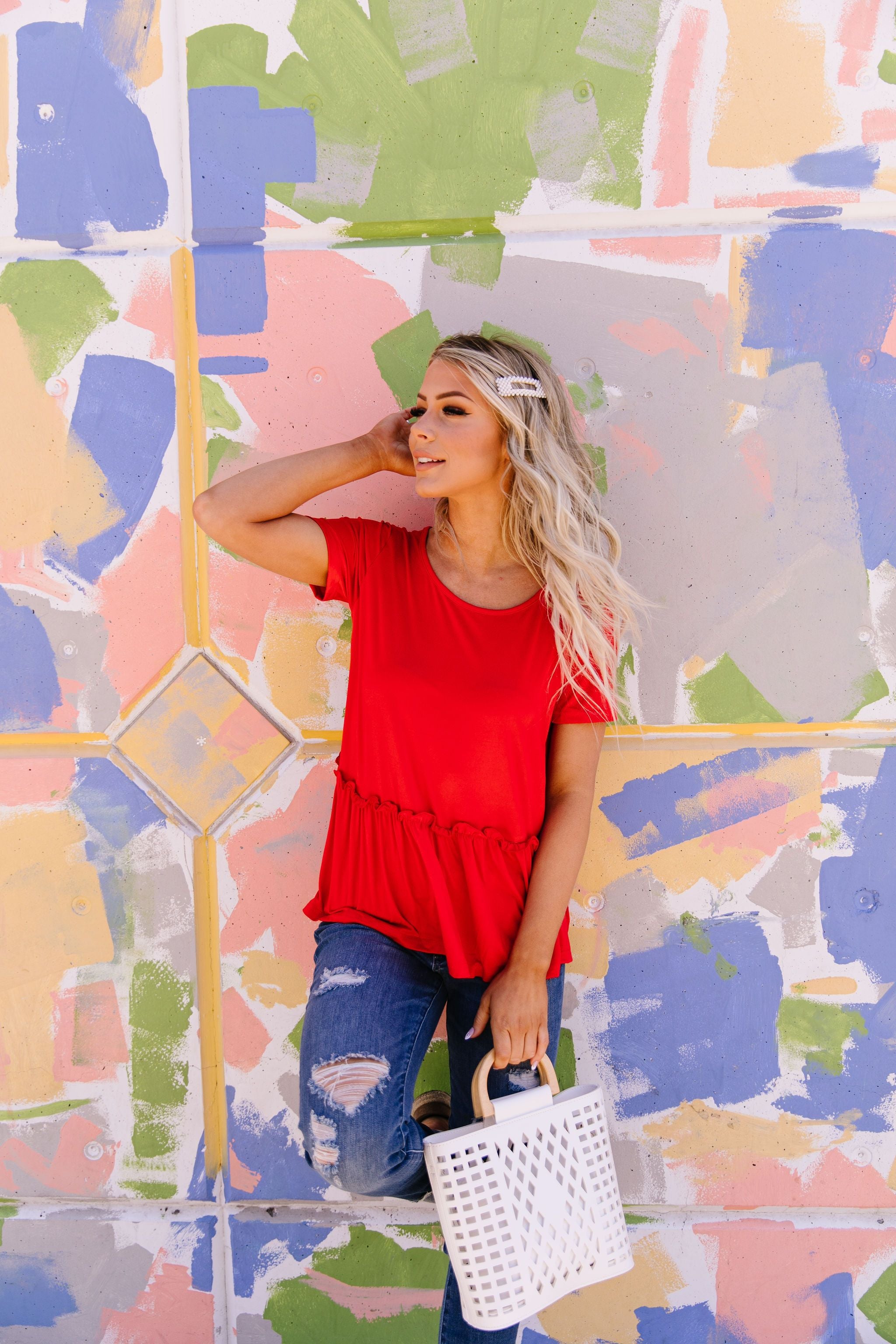 Ruffled Peplum Top In Red
