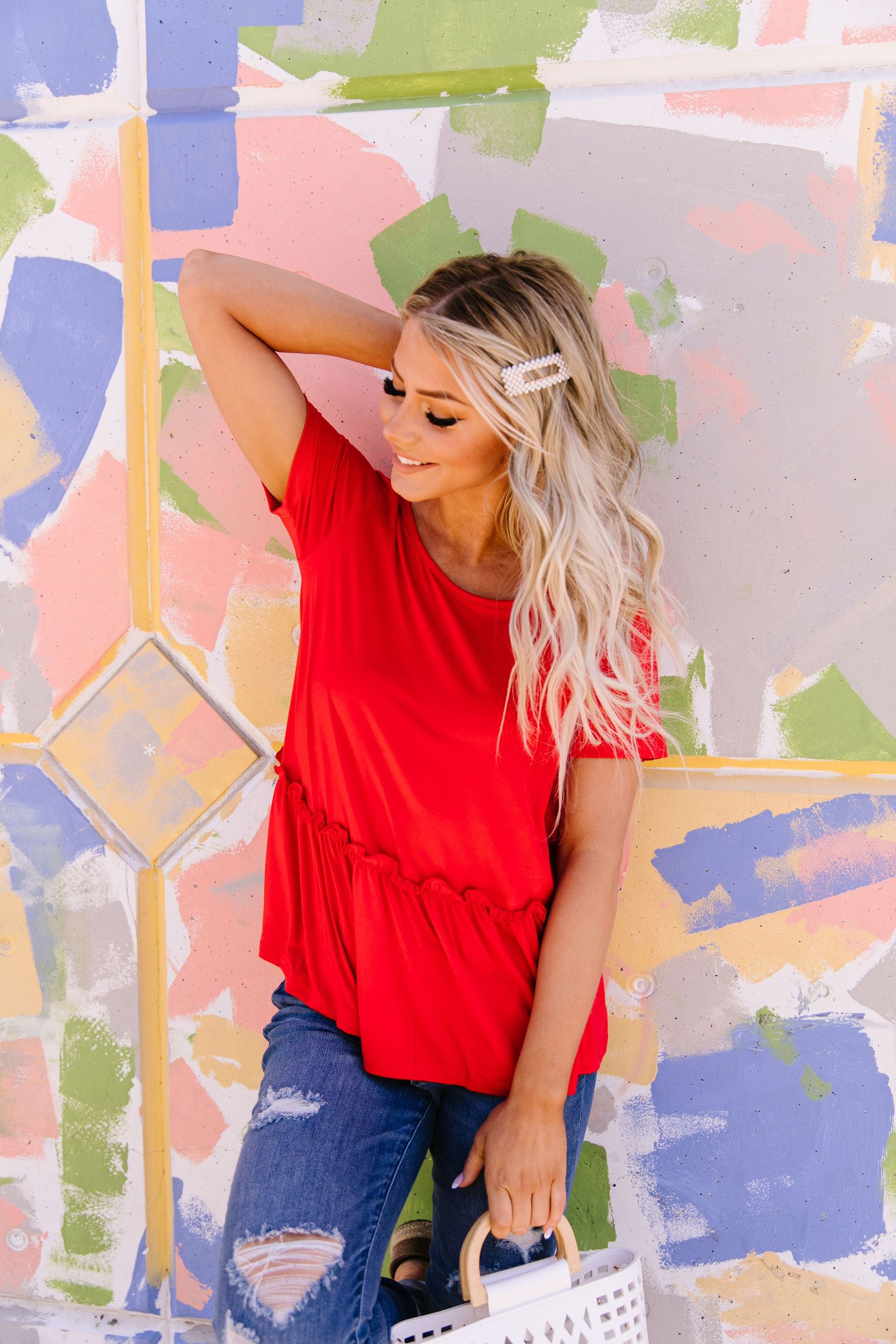 Ruffled Peplum Top In Red