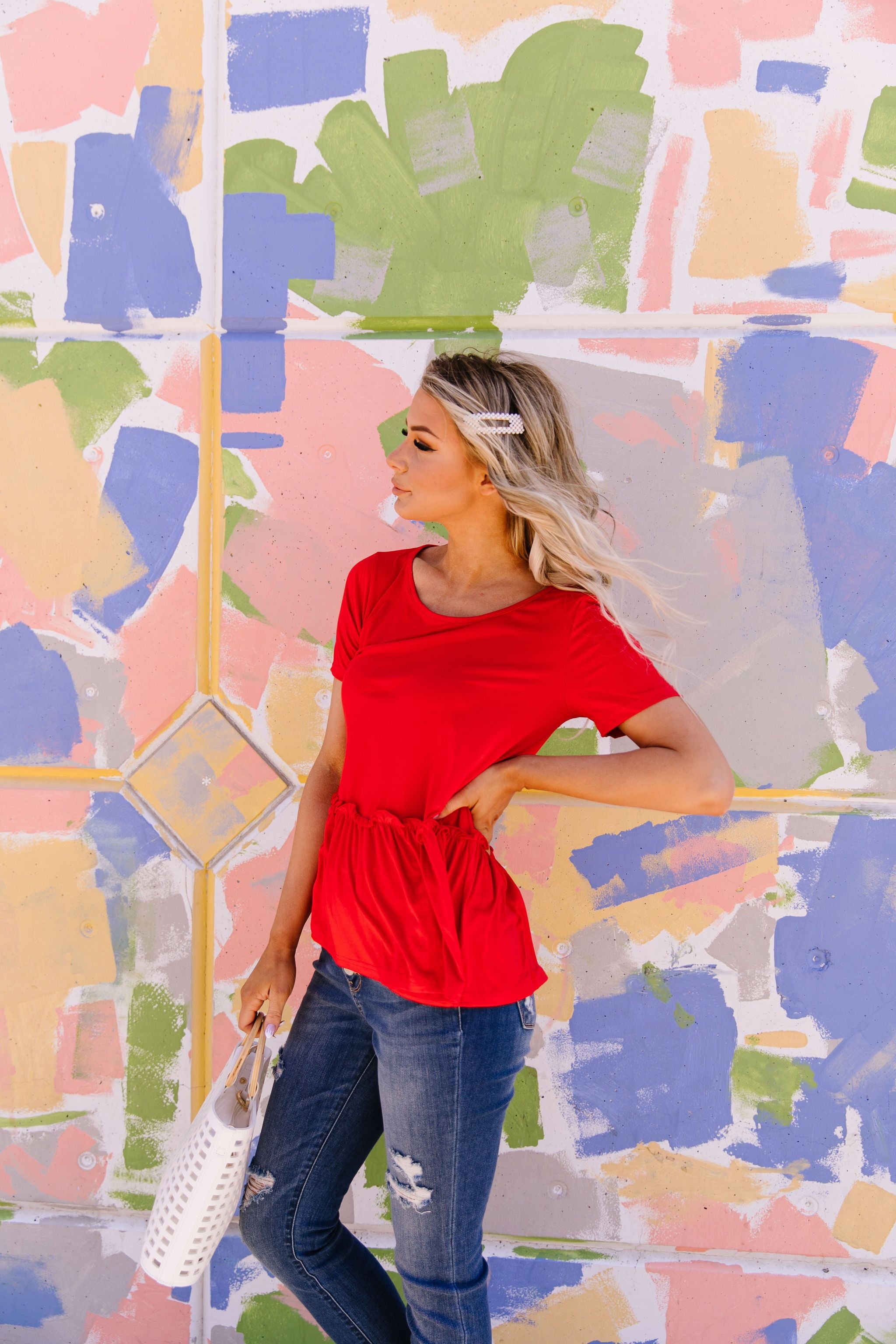 Ruffled Peplum Top In Red
