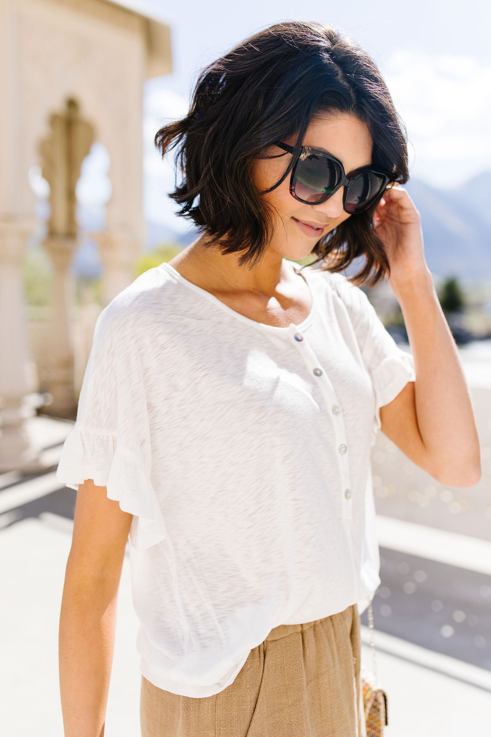 Ruffled Sleeve Button Down In White