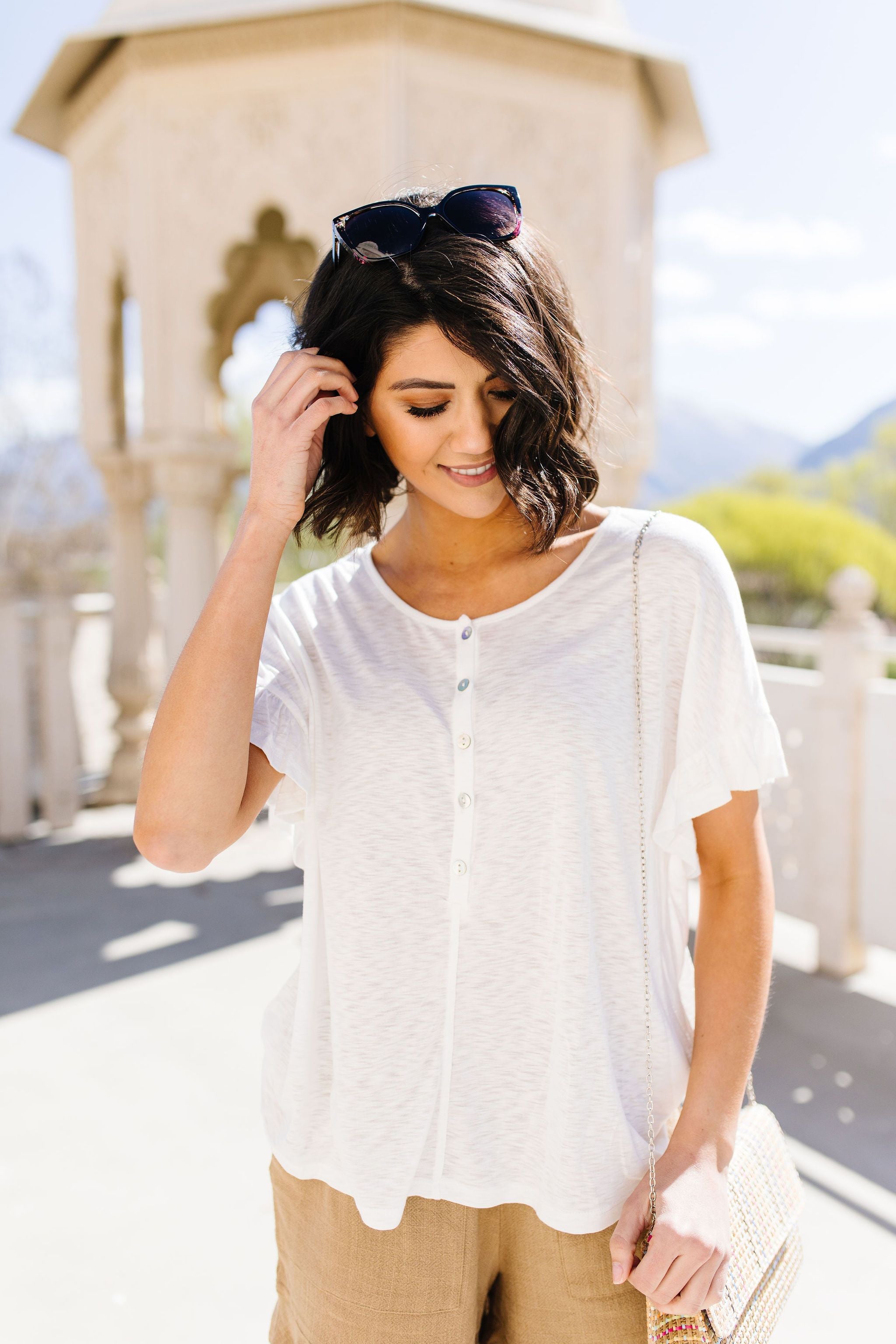 Ruffled Sleeve Button Down In White