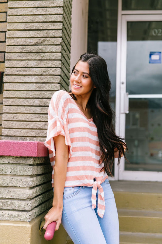 Ruffles + Ties Stripes Top In Peach