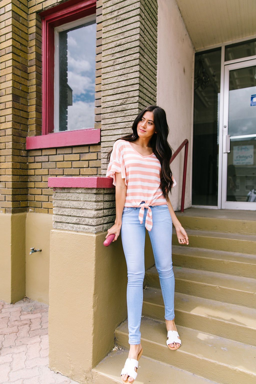 Ruffles + Ties Stripes Top In Peach