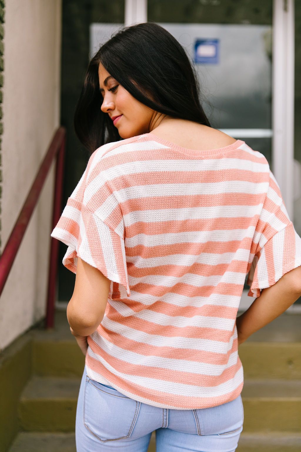 Ruffles + Ties Stripes Top In Peach