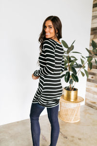 Ruled And Ruched Black & White Striped Top