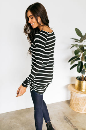 Ruled And Ruched Black & White Striped Top