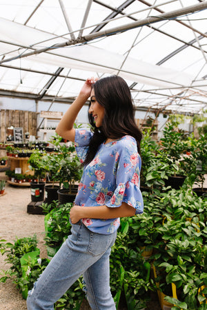 Satin Rose Blouse In Blue