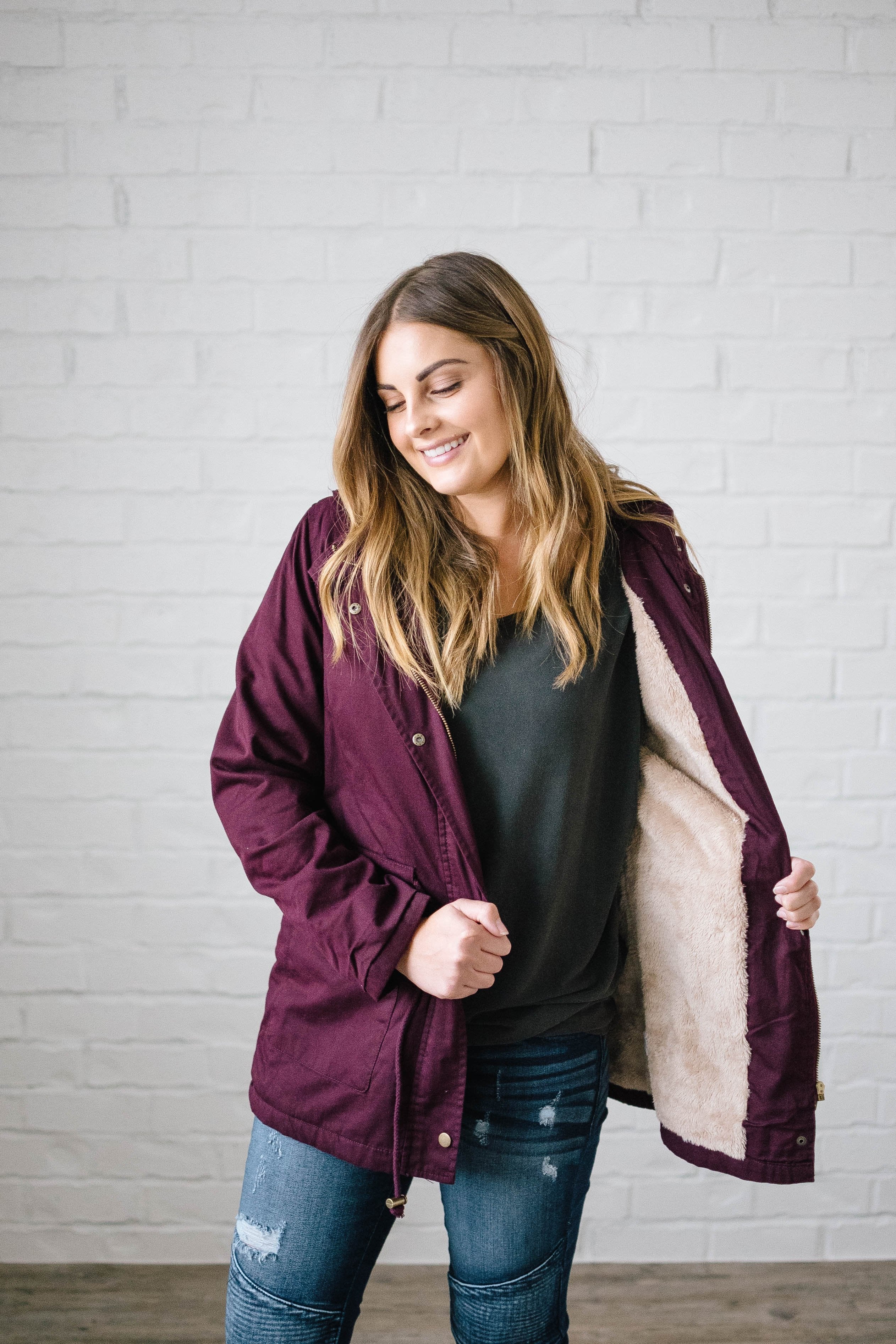 Scouting It Out Fur Lined Jacket in Burgundy