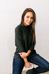 Soft Hearted Fuzzy Three-Quarter Sleeved Top In Charcoal - ALL SALES FINAL