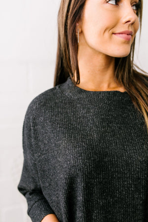 Soft Hearted Fuzzy Three-Quarter Sleeved Top In Charcoal - ALL SALES FINAL