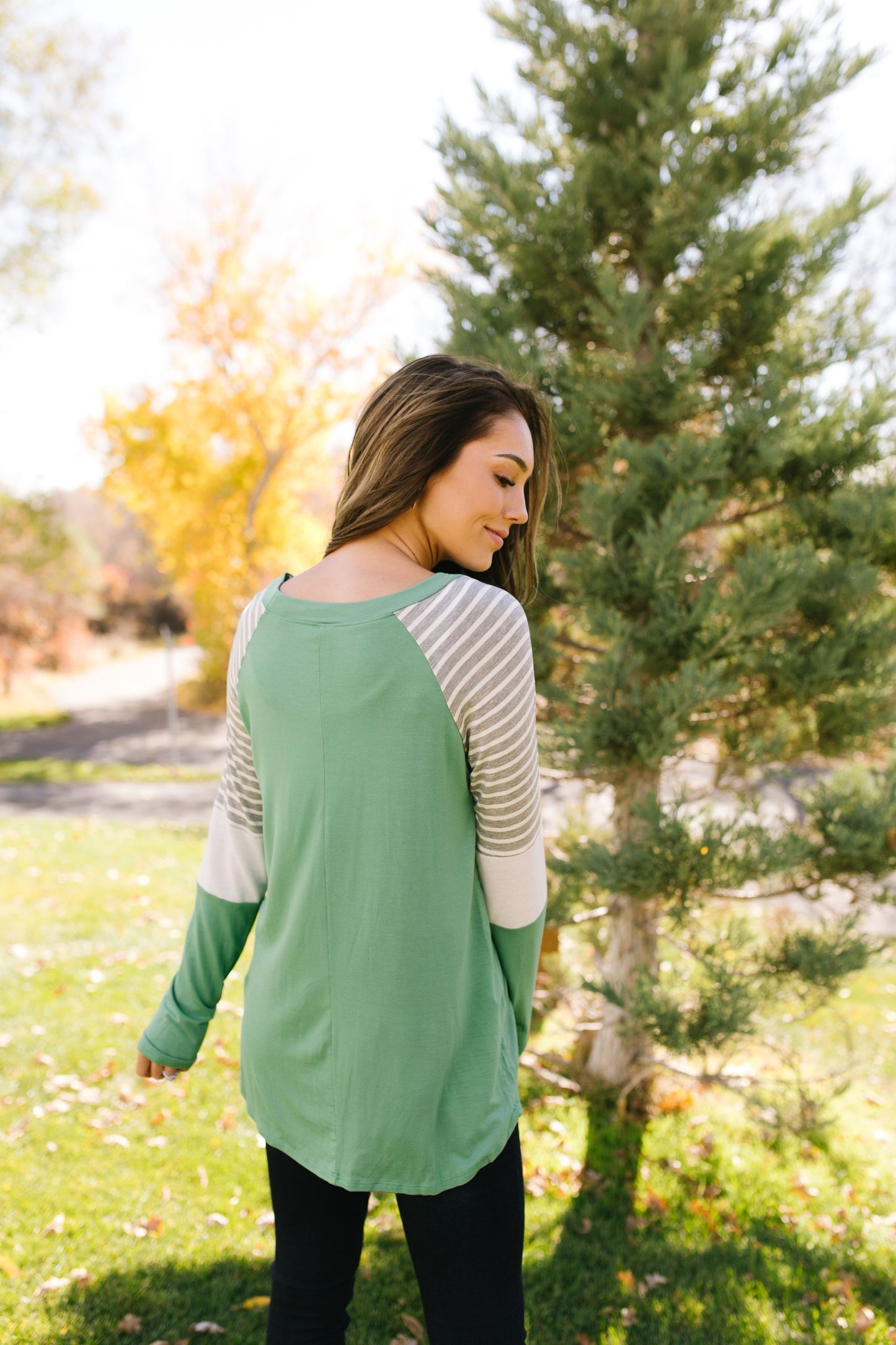 Stacked Sleeve Raglan Tee In Sage - ALL SALES FINAL