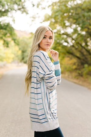 Stairway To Heaven Gray And Blue Striped Sweater - ALL SALES FINAL