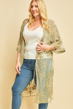 Starving Artist Crochet Lace Kimono In Light Olive - ALL SALES FINAL