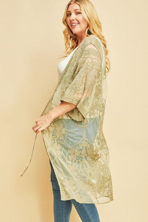 Starving Artist Crochet Lace Kimono In Light Olive - ALL SALES FINAL