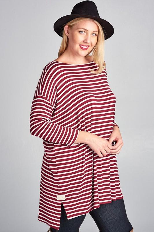 Steady She Goes Striped Top In Burgundy Plus Only