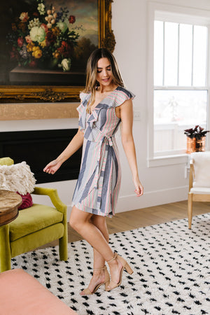 Striped Delight Ruffled Wrap Dress