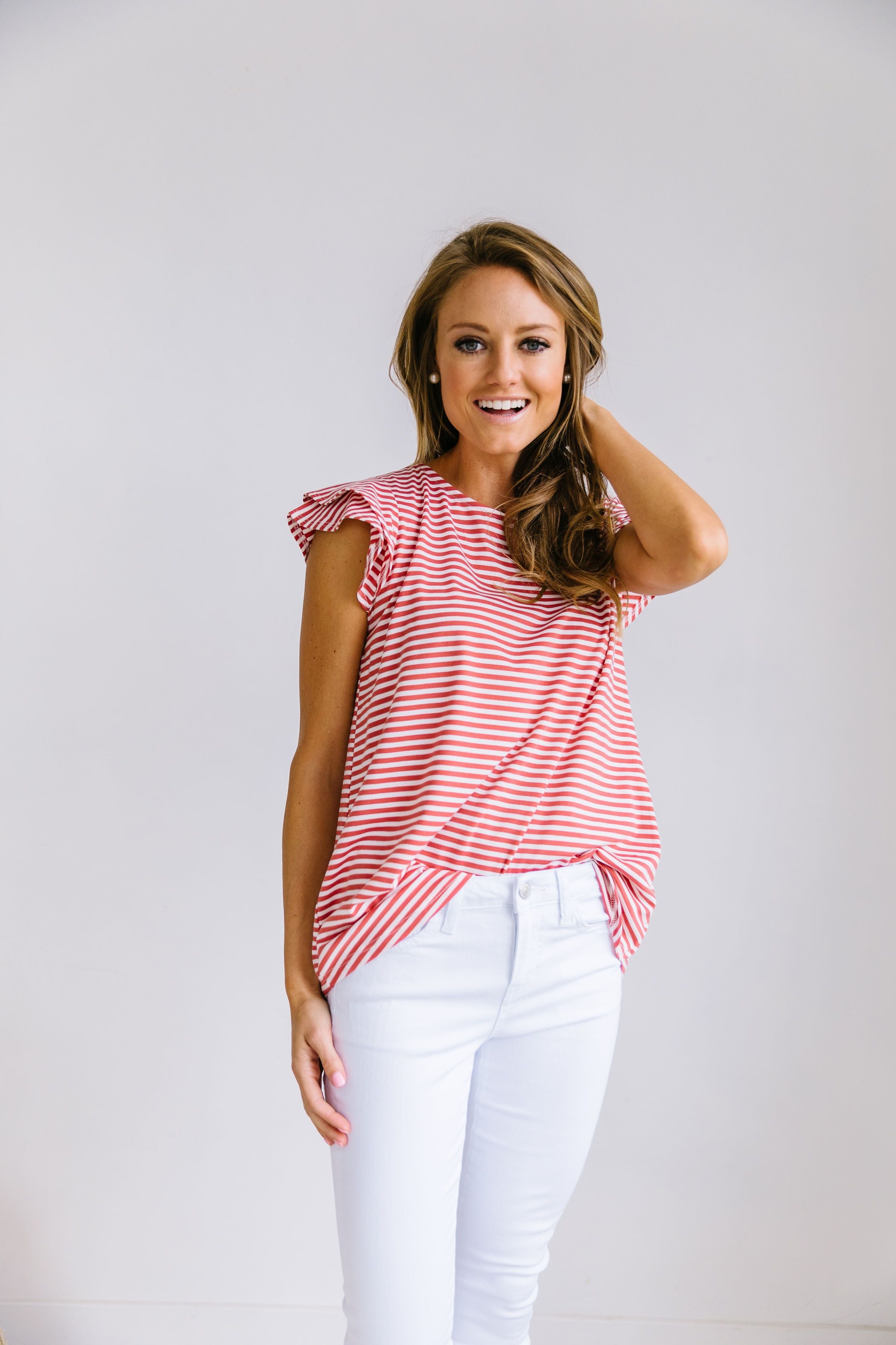 Striped Double Ruffle Top In Coral + White