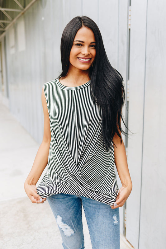 Striped Twist And Cross Top In Black + Ivory
