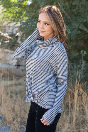Striped With A Twist Cowl Neck Top - ALL SALES FINAL