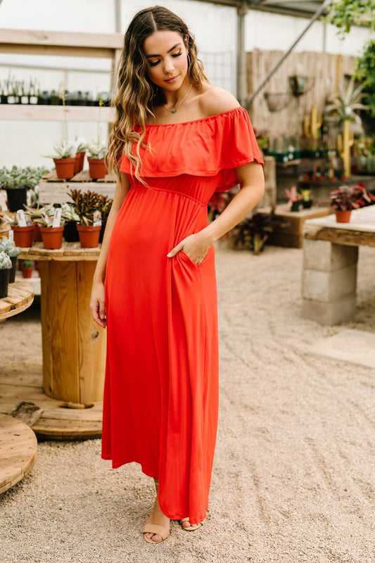 Summer Breeze Ruffled Maxi Dress In Red