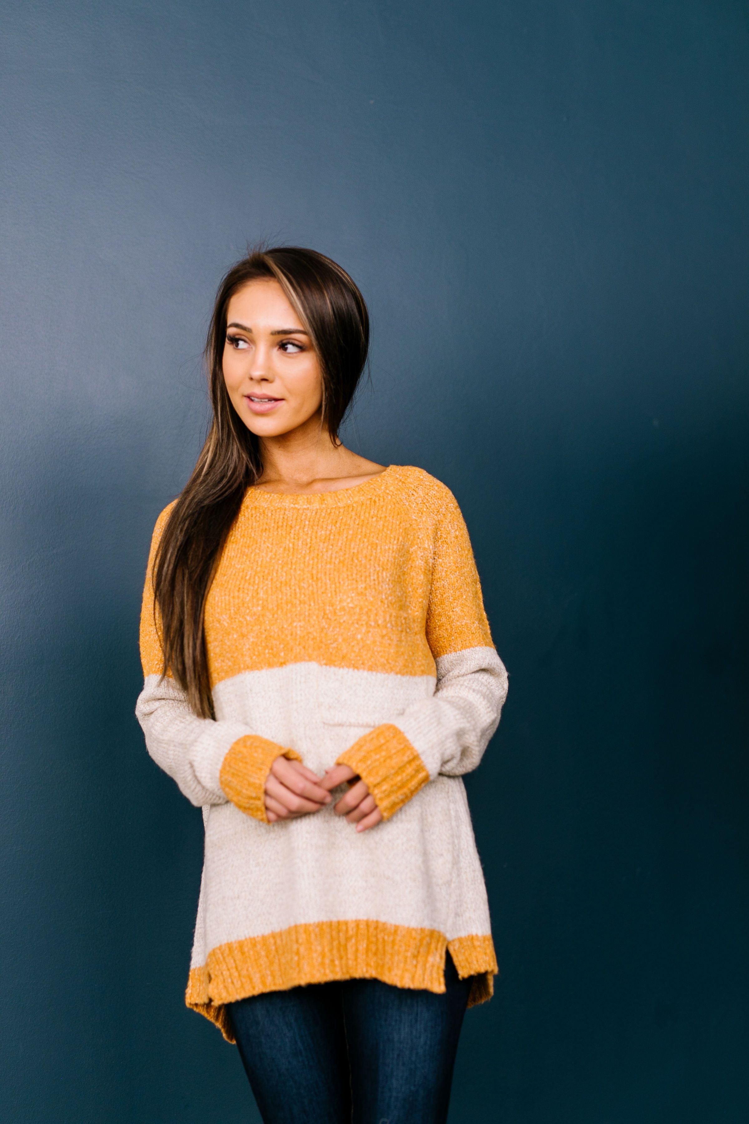 Sunny Side Up Color Block Sweater In Marigold