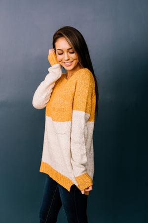 Sunny Side Up Color Block Sweater In Marigold