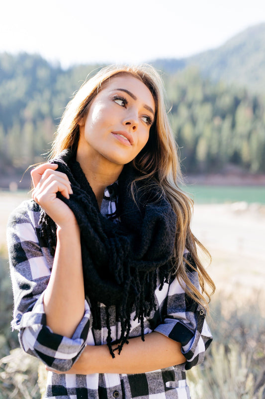 Tasseled Infinity Scarf In Black