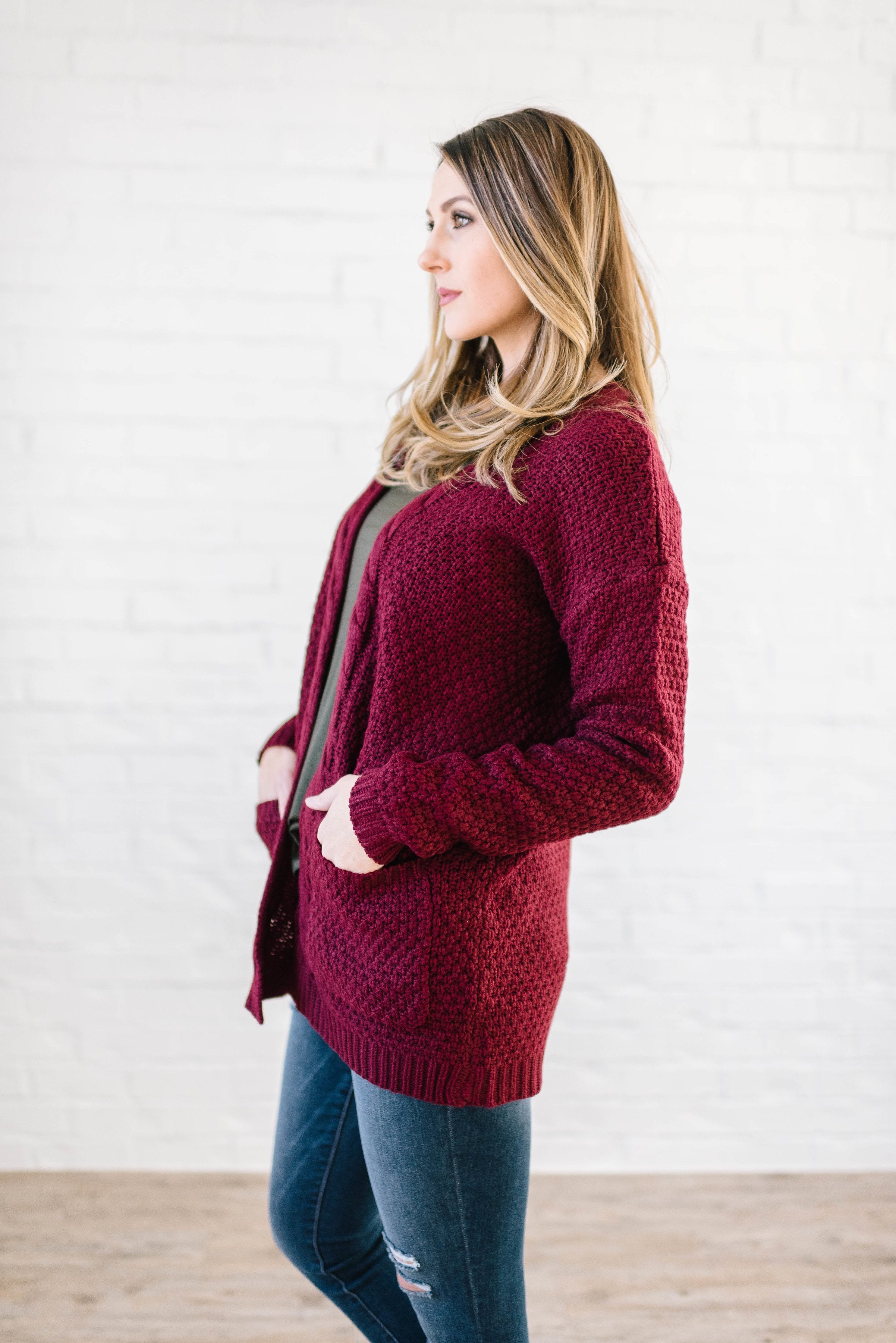The London Cable Knit Cardi in Burgundy