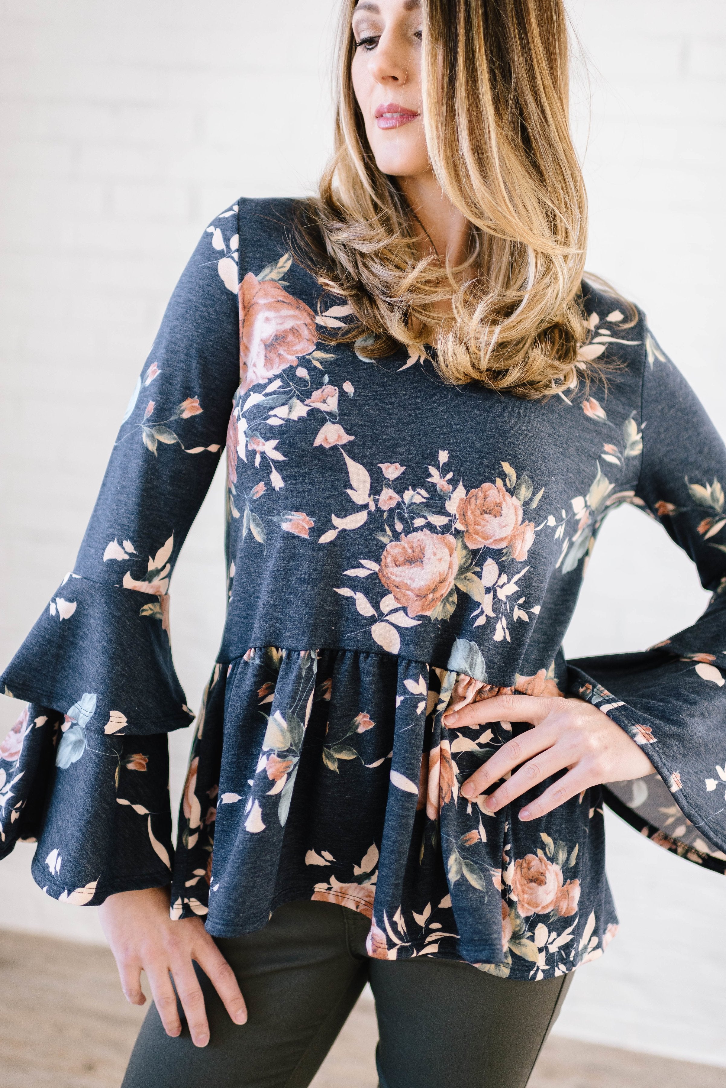 The Sadie Floral Bell Sleeve Top in Blue - Warehouse Sale