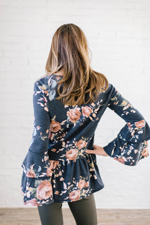 The Sadie Floral Bell Sleeve Top in Blue - Warehouse Sale