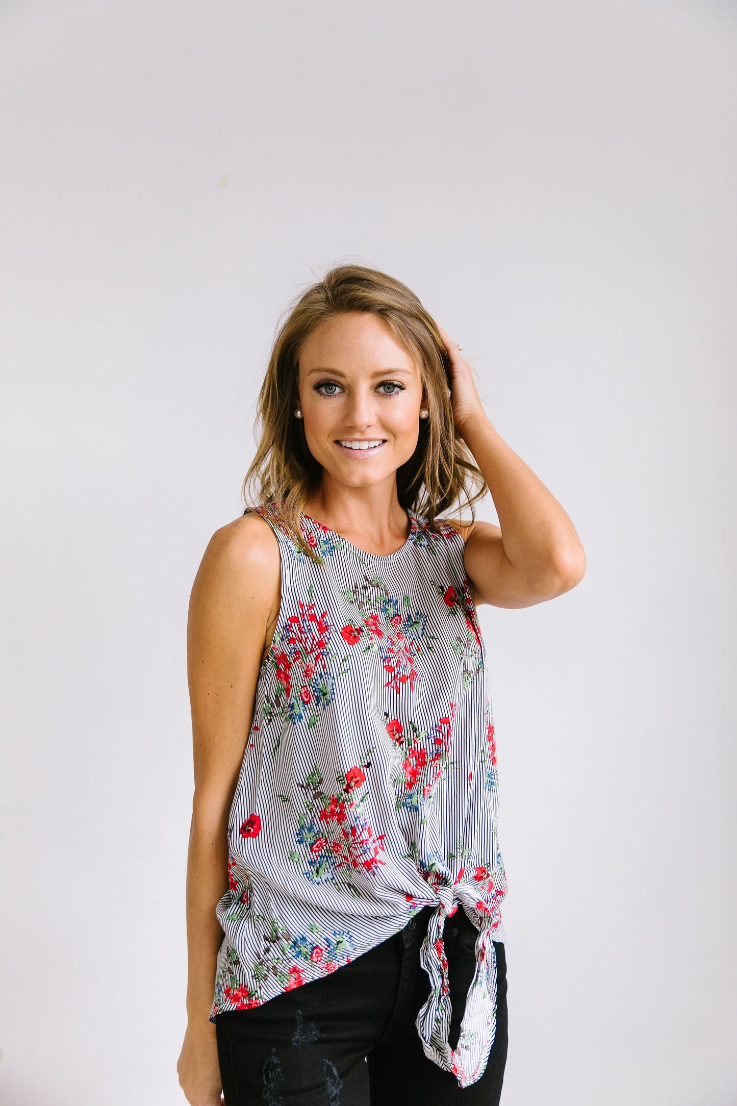 Tie-Front Flowers And Stripes Top